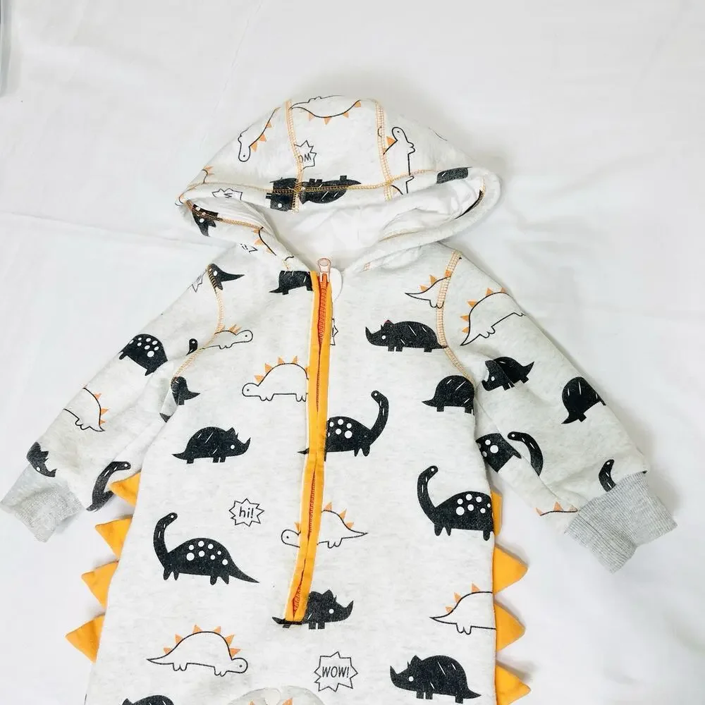 Baby Boy Dinosaur Pattern Long Sleeve Hooded Zipped Romper Winter Jumpsuit 6-12m